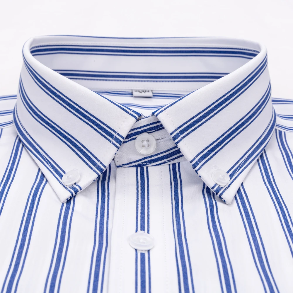 Men's Wrinkle-Free Cotton Striped Dress Shirt Long Sleeve Spread Collar with Removable Collar Stays, Plaid Business Office Wear