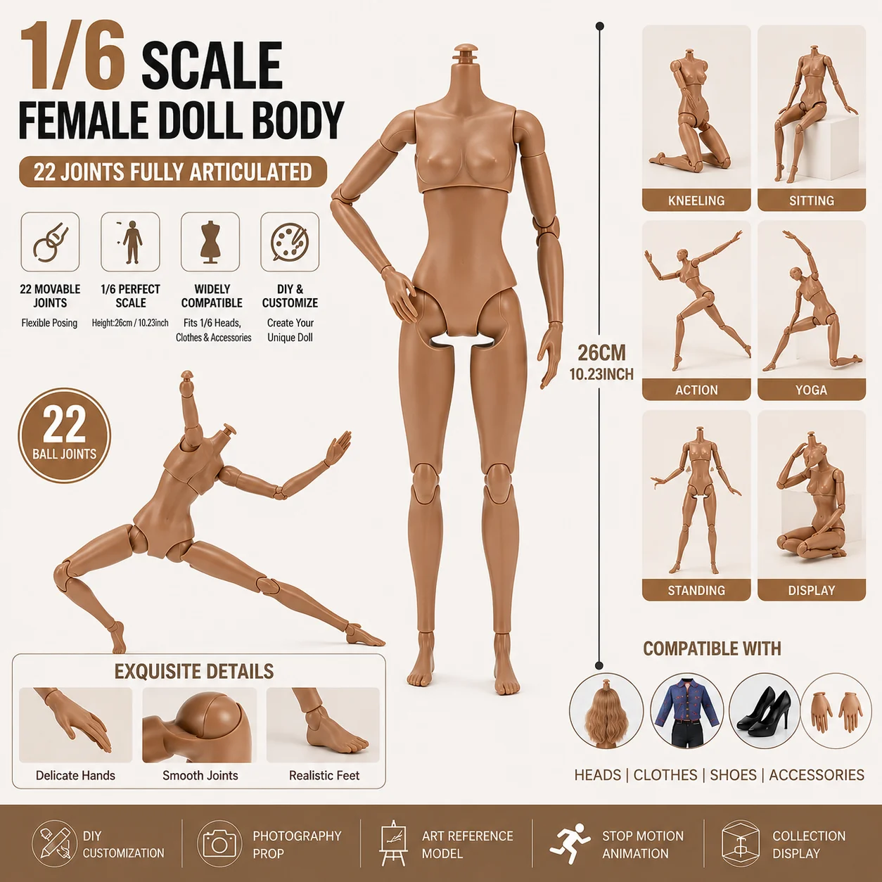 1/6 BJD Doll Body 22 Jointed Female Action Figure Flexible Style Nude Model DIY Toy For Custom Display
