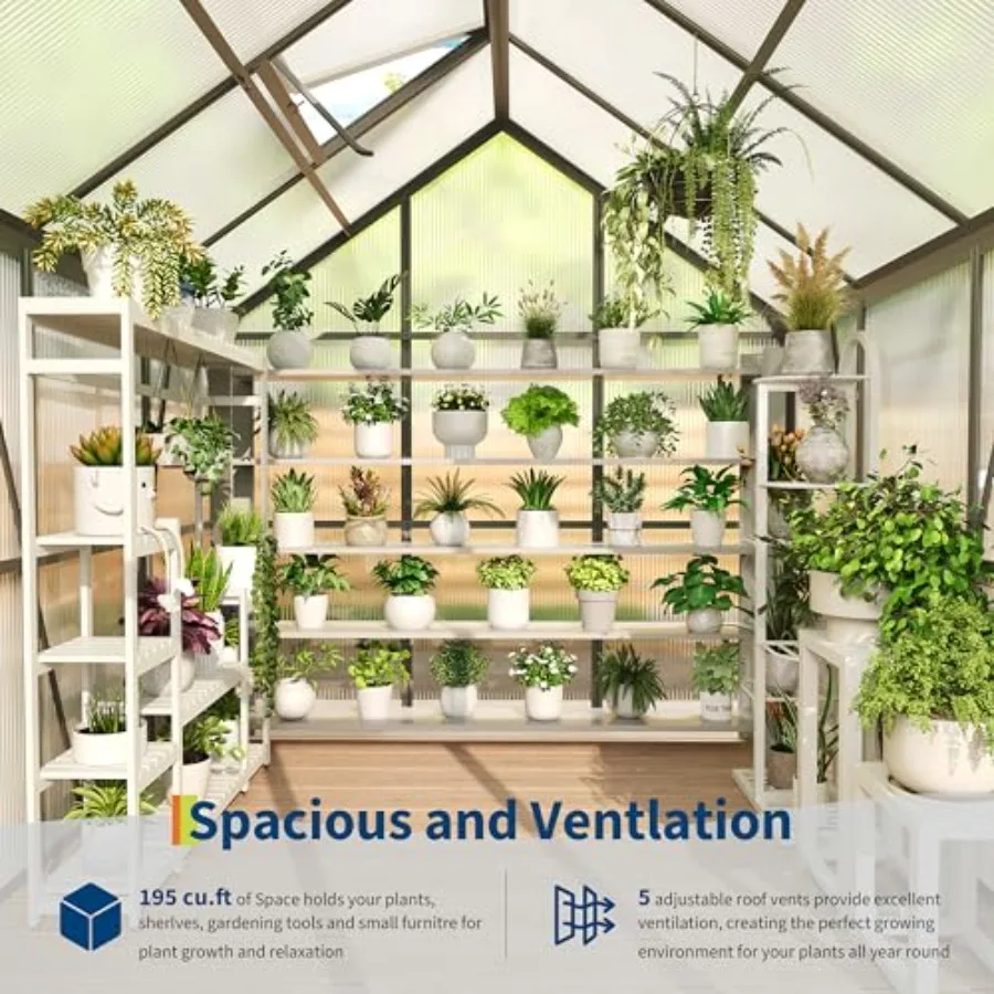 6x6 Ft greenhouse for gardening use, polycarbonate panels with rust-resistant aluminum frame, green color, UV-protected and dur