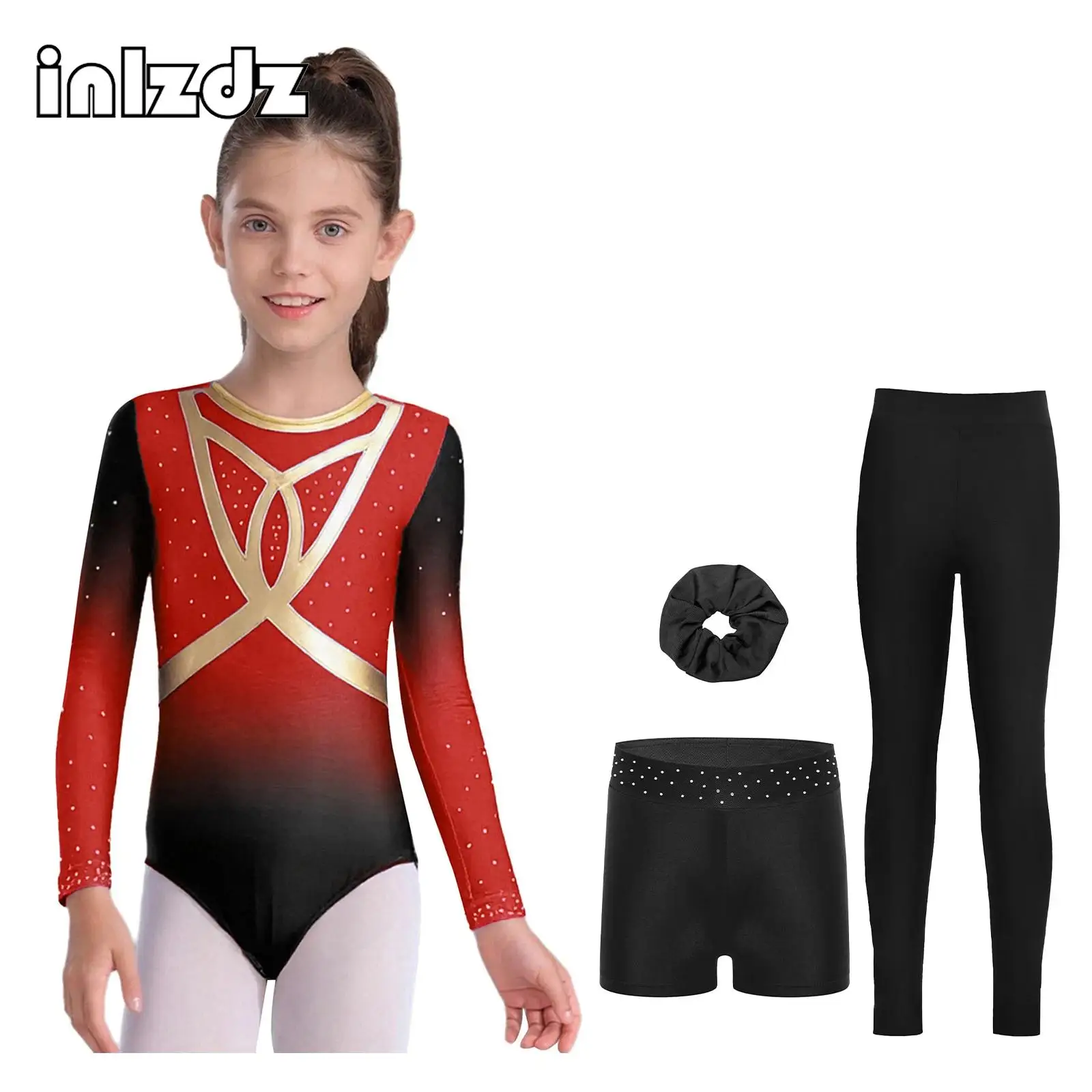 

Girls Figure Skating Dance Performance Outfit Kids Rhinestones Gradient Gymnastics Leotard+Shorts+Hairband+Leggings 4-piece Sets