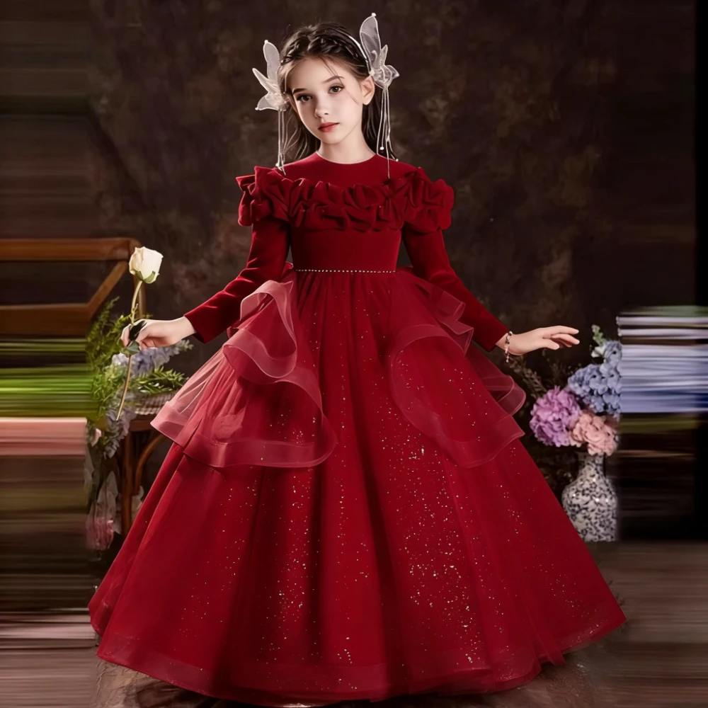 2026 Piano Elegant Dresses Costume Kids Girl sFormal Dress Flower Girl Wedding Children Birthday Princess Gown Long Sleeve Host