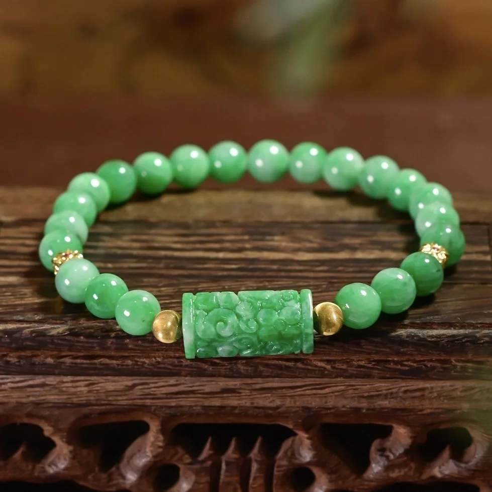 Natural Grade A Jadeite Carved Tube Charm Bracelet, Floating Flower Round Beads, Full 18K Gold Chinese Beaded Bracelet