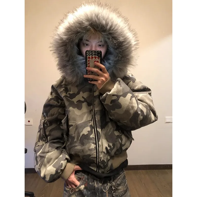 

Korean Fashion Big Fur Collar Camouflage Hooded Parkas Men's Winter Washed and Worn Pilot Jacket Male Clothing