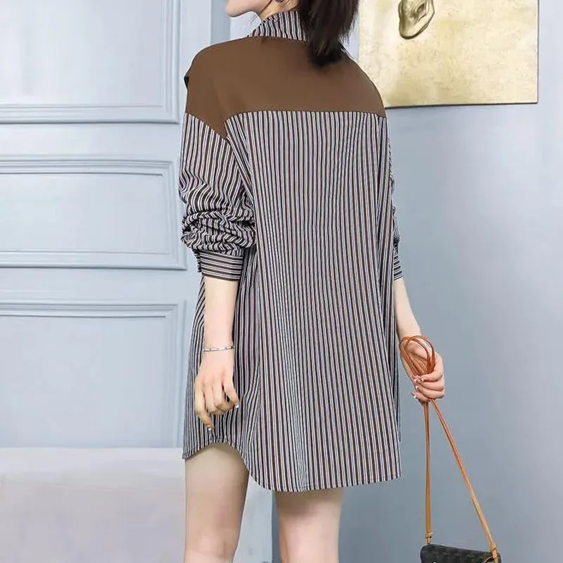 Korean Shawl Spliced Casual Striped Shirt 2023 Fashion Loose Fake Two Pieces Women\'s Turn-down Collar Button Long Sleeve Blouses