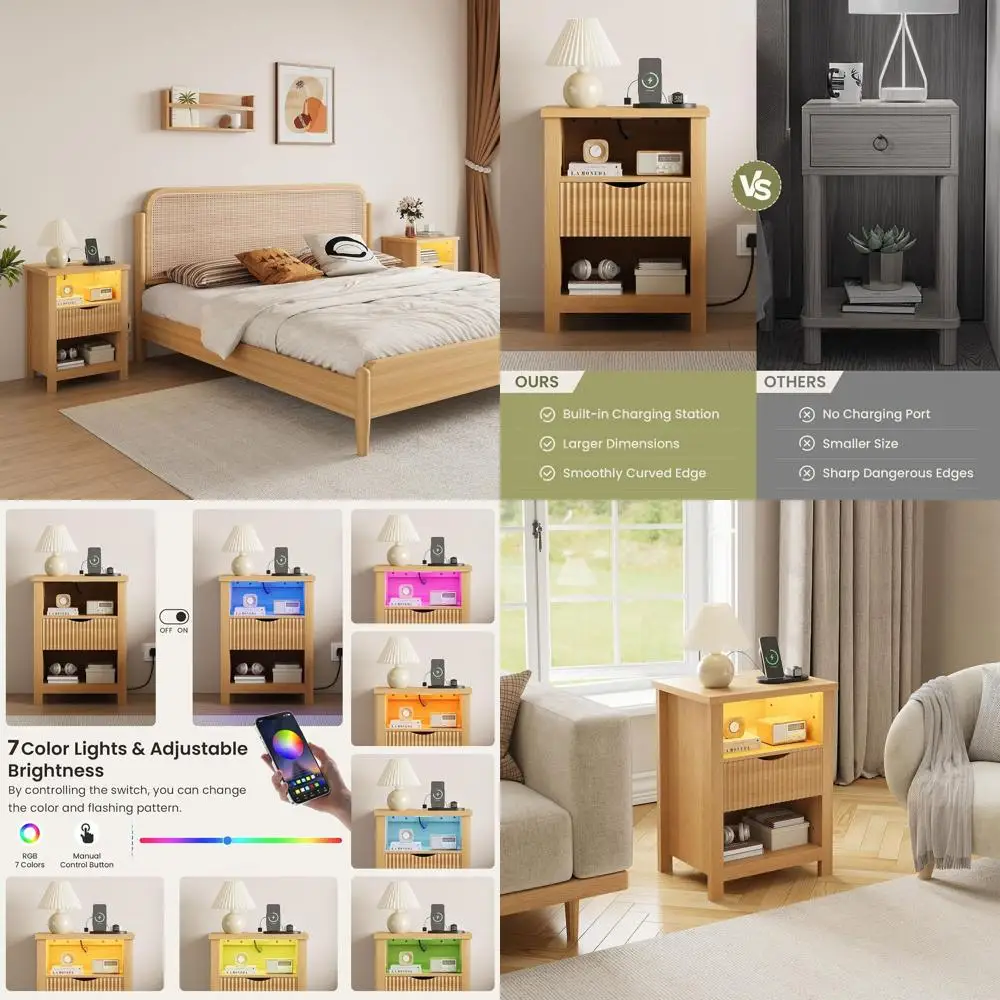 

Современная деревянная прикроватная тумбочка с 20 светодиодными лампами, зарядной станцией и ящиками для спальни и гостиной (натуральная отделка)