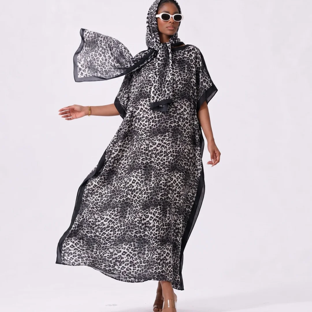 

Women Floor Length Printed Kaftan Abaya Set Grey Marble Ginkgo Short Sleeve Loose Modest Robe Matching Hijab Scarf Included