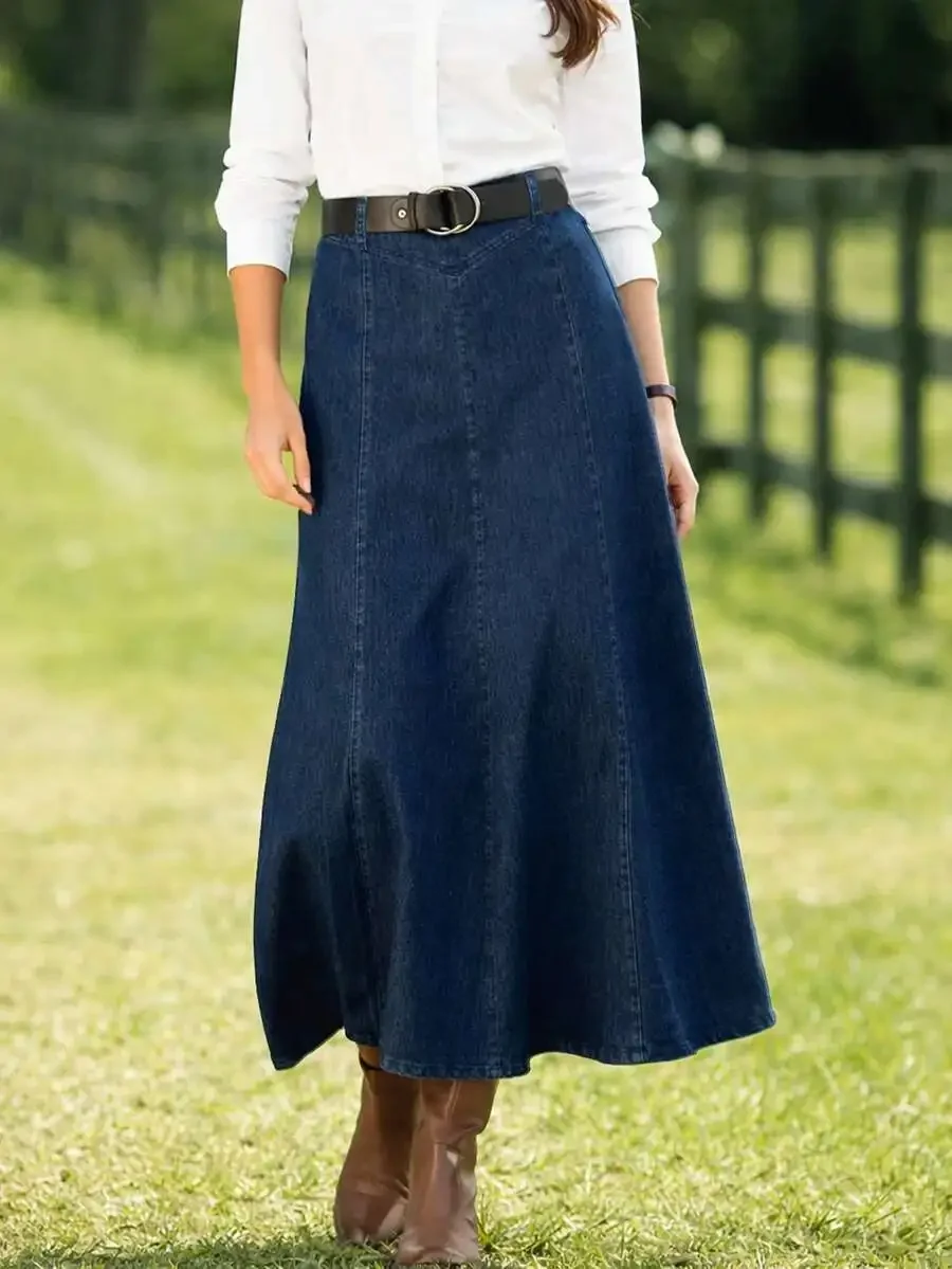 

Women's Dark Washed Denim Maxi Skirt with Elastic Waistband
