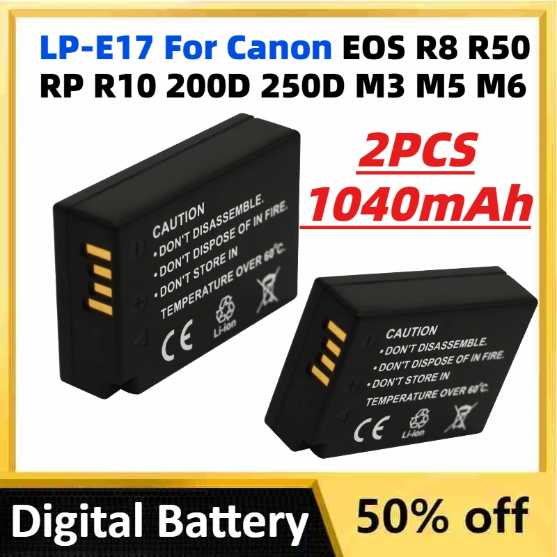 2PCS 1040mAh LP-E17 Li-lon Digital Batteries for Canon EOS R8 R50 RP R10 200D 250D M3 M5 M6 750D 760D T6i T6s 800D T8i T7i