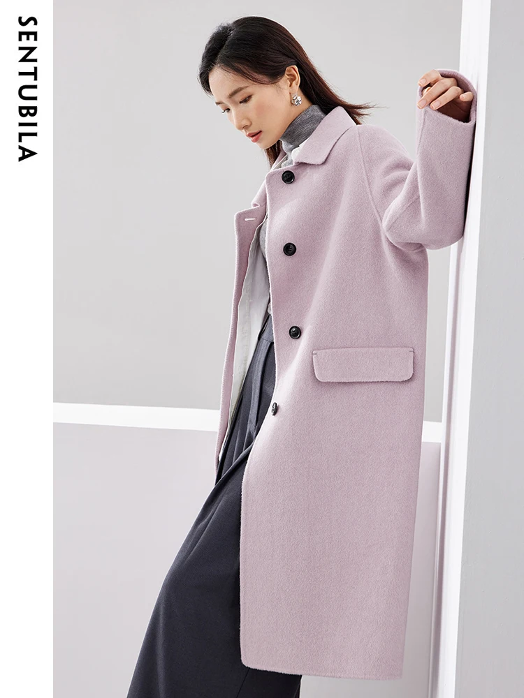 

SENTUBILA Winter 100% Wool Long Coat for Women 2024 Simple Comfortable Warm Lapel Double-faced Woolen Over Coat W34O49911