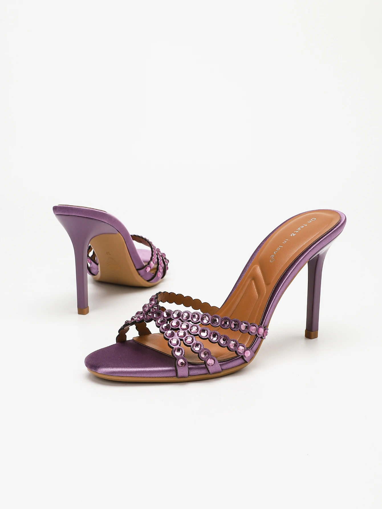 WOMEN PURPLE SATIN RHINESTONE MULE SANDALS OPEN TOE SLIP ON STILETTO HIGH HEEL SLIDES DRESS SHOES FOR WEDDING PARTY CLUB