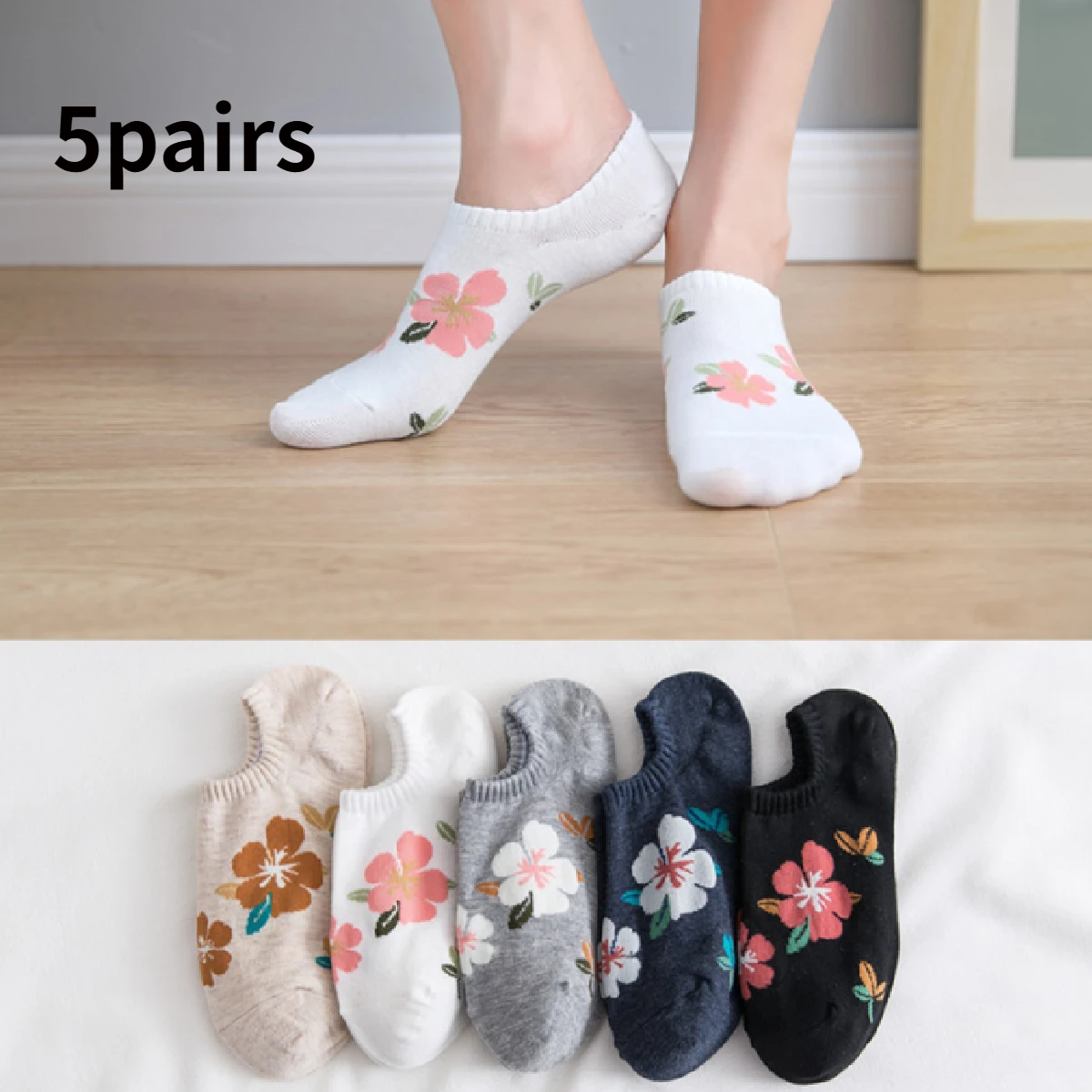 

5 pairs of women's spring and summer thin flowered shallow socks sweat-absorbing breathable invisible socks