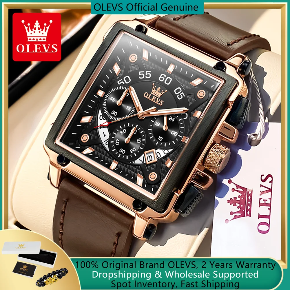 OLEVS Original Watch for Men Top Brand Luxury Hollow Square Sport Watch Fashion Leather Strap Waterproof Quartz Wristwatch 9919