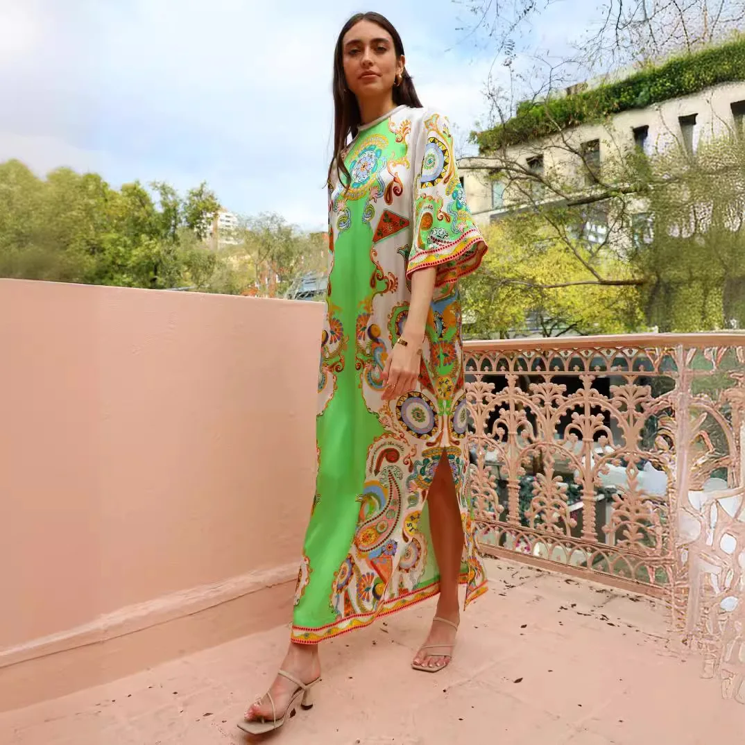 Robe maxi fendue en satin pour femme, positionnement imprimé, été, nouveau, 2024