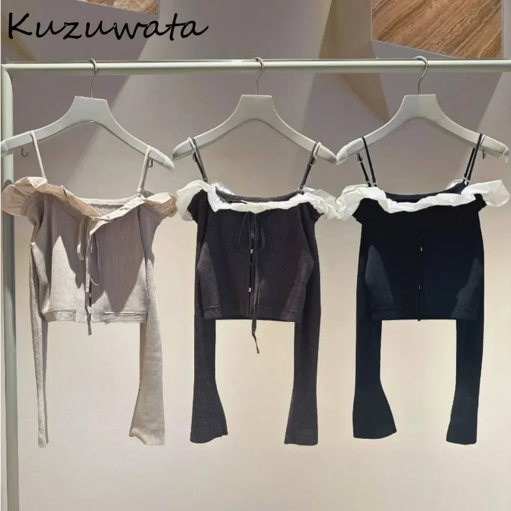 Kuzuwata Casual Slim Slash Neck Flare Sleeve Jumper Ruffles Off Shoulder Lace Up All-match Cardigan Japan Knit New Straps Tops