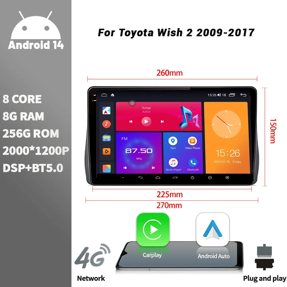 

Car Radio Multimedia Navigation Player Android Bluetooth Wireless CarPlay Touch Screen For Toyota Wish 2 2009-2017