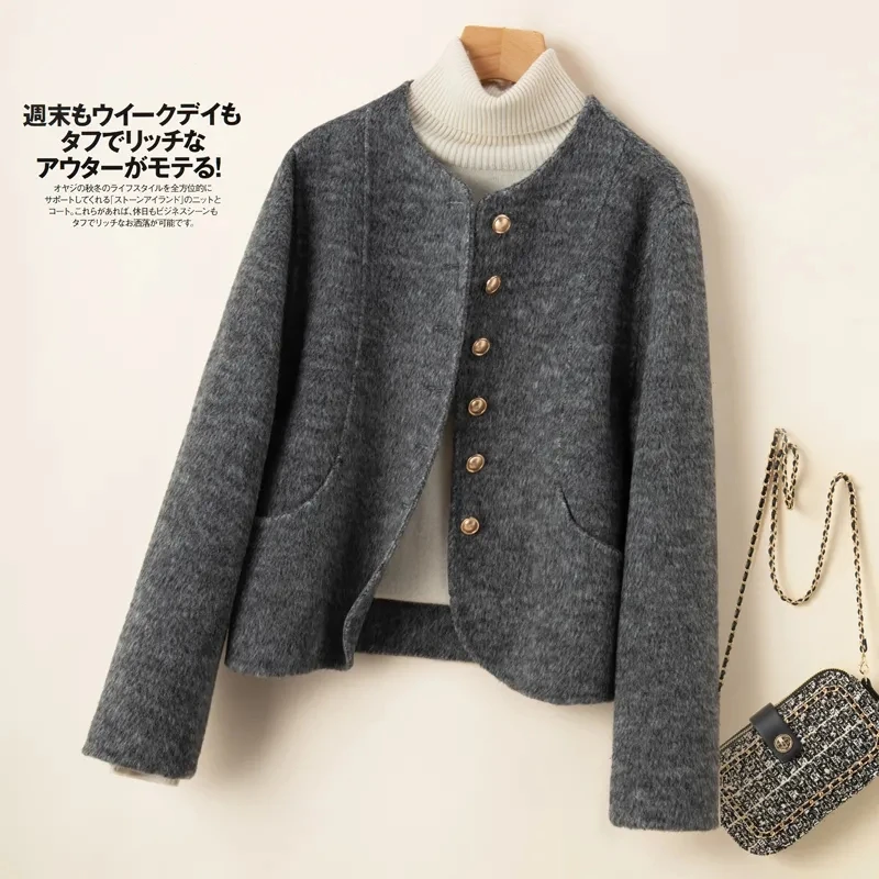 Double-Faced Cashmere Coat Women Autumn Round Neck Single-Breasted Korean Fashion Short Wool Jacket Female Outerwear