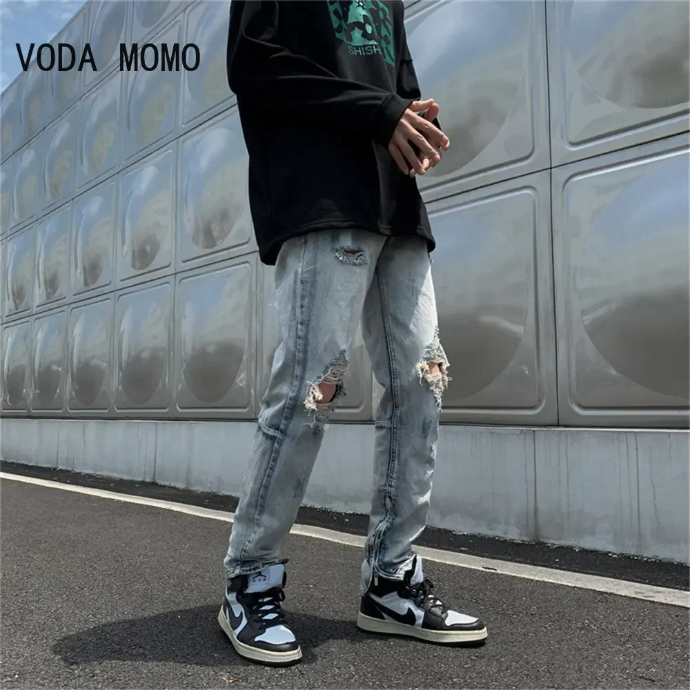 

Уличная одежда, модные мужские джинсы, серые эластичные облегающие рваные джинсы в стиле ретро, мужские брюки, винтажные дизайнерские повседневные джинсовые брюки Hombre