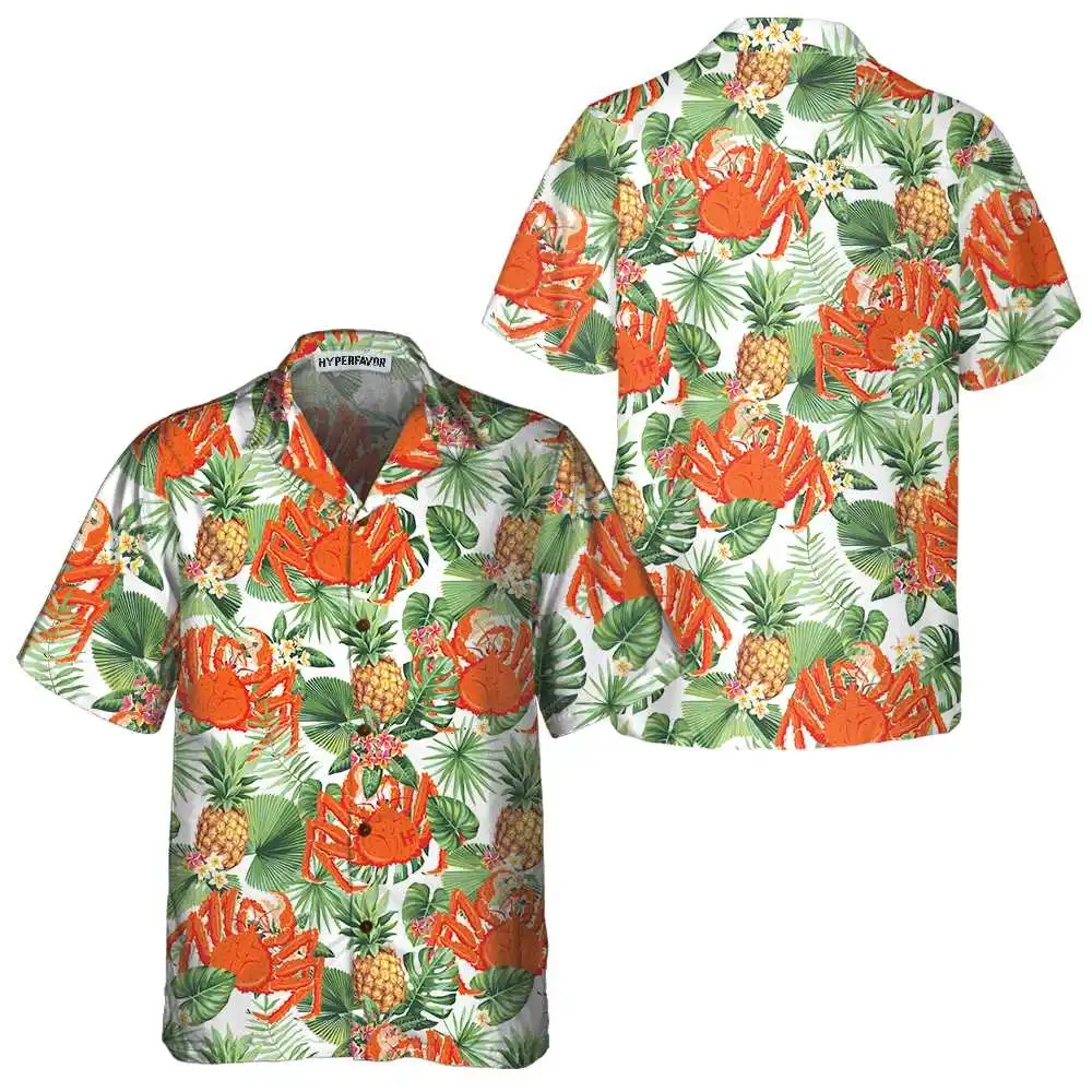Novelty Lobster Lemon Hawaiian Shirt For Men Cool Red Crayfish Print Short Sleeve Button Up Beach Shirt Casual Aloha Shirt