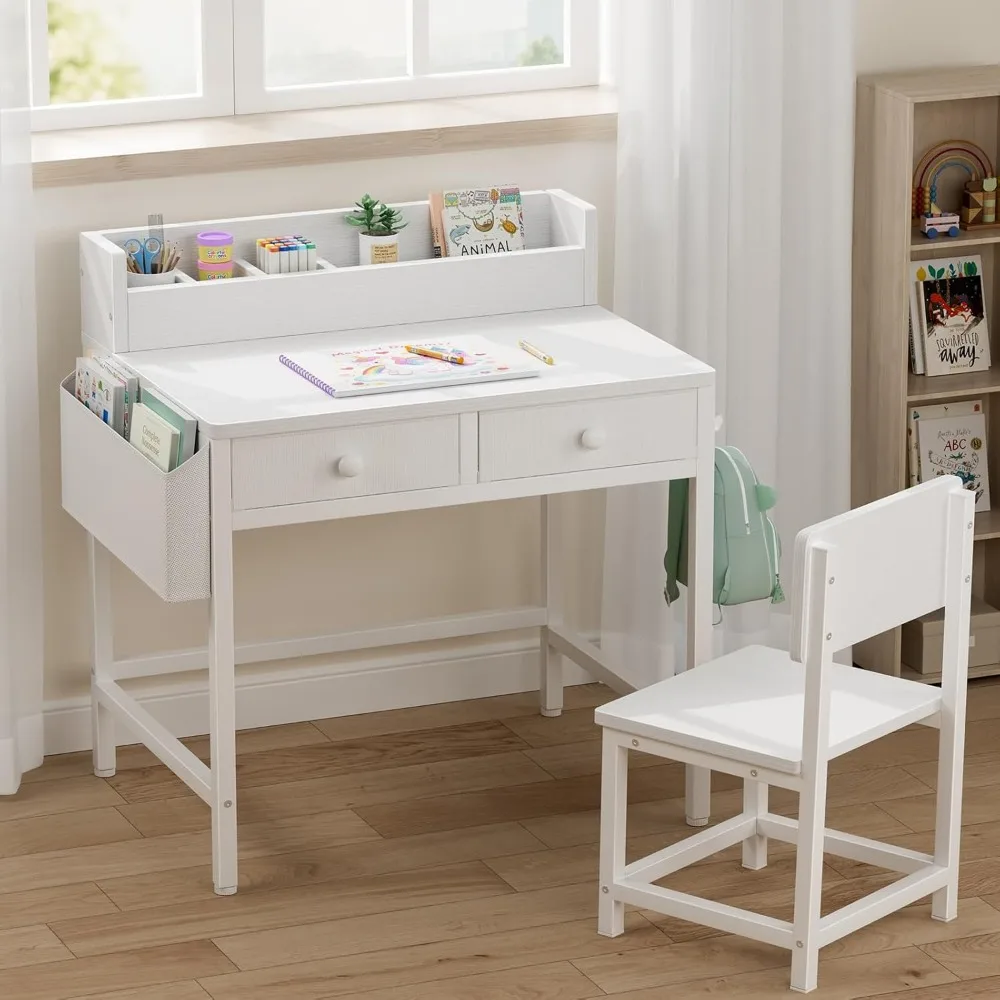 Kids Desk and Chair Set for Ages 5-8, White Study Table with Fabric Drawer Storage, Ergonomic Children's Furniture