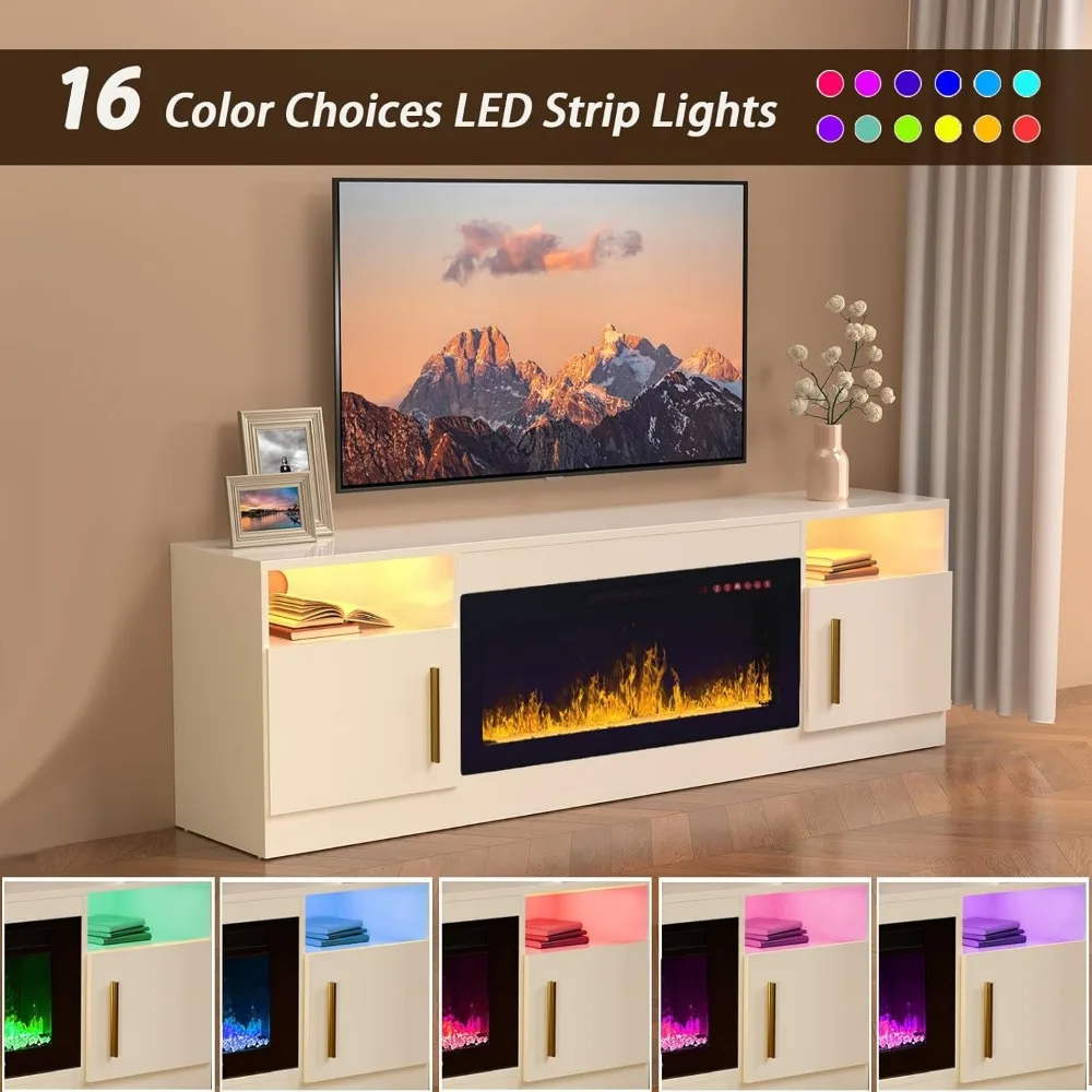 Suporte de TV com lareira elétrica de 70 polegadas para sala de estar - centro de entretenimento LED branco com inserção de lareira de 36 polegadas