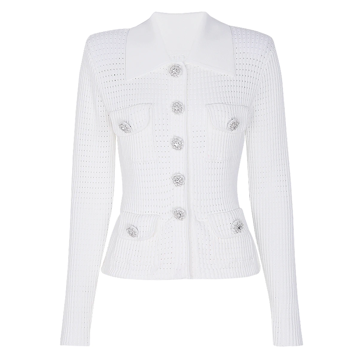 25324 High-End Quality Spring And Autumn New Fashion Nail Drill Button Knitted Versatile Women's Lapel Top Cardigan Jacket