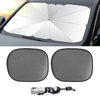 Foldable Umbrella Sun Shade Car Windshield Front Window Cover 3 Pcs Coating + Metal Pole Mesh Fabric Large Silver  Black