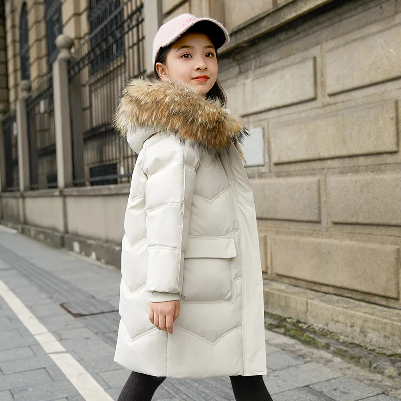 Winter Warm Waterproof Girls Plain Long Thick Puffer Jackets School Kids Hooded Zip Down Coats Child Outfit Therme Parka 5-16Yrs