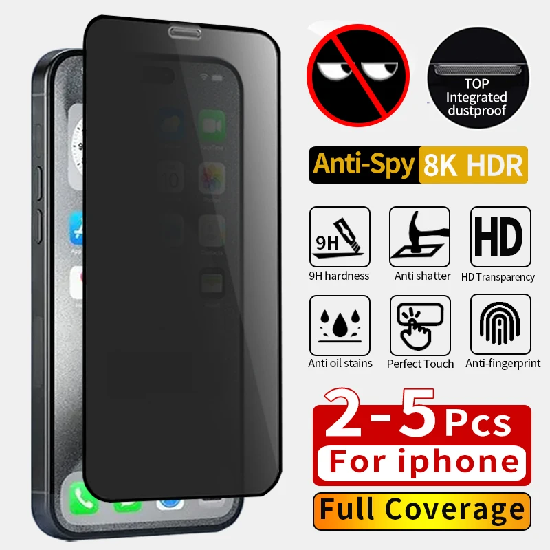 2-5Pcs Full Cover Privacy Screen Protector For iPhone 16 11 12 13 14 Pro Max Mini Anti-spy Glass For iPhone 15 Pro Xr X Xs Max