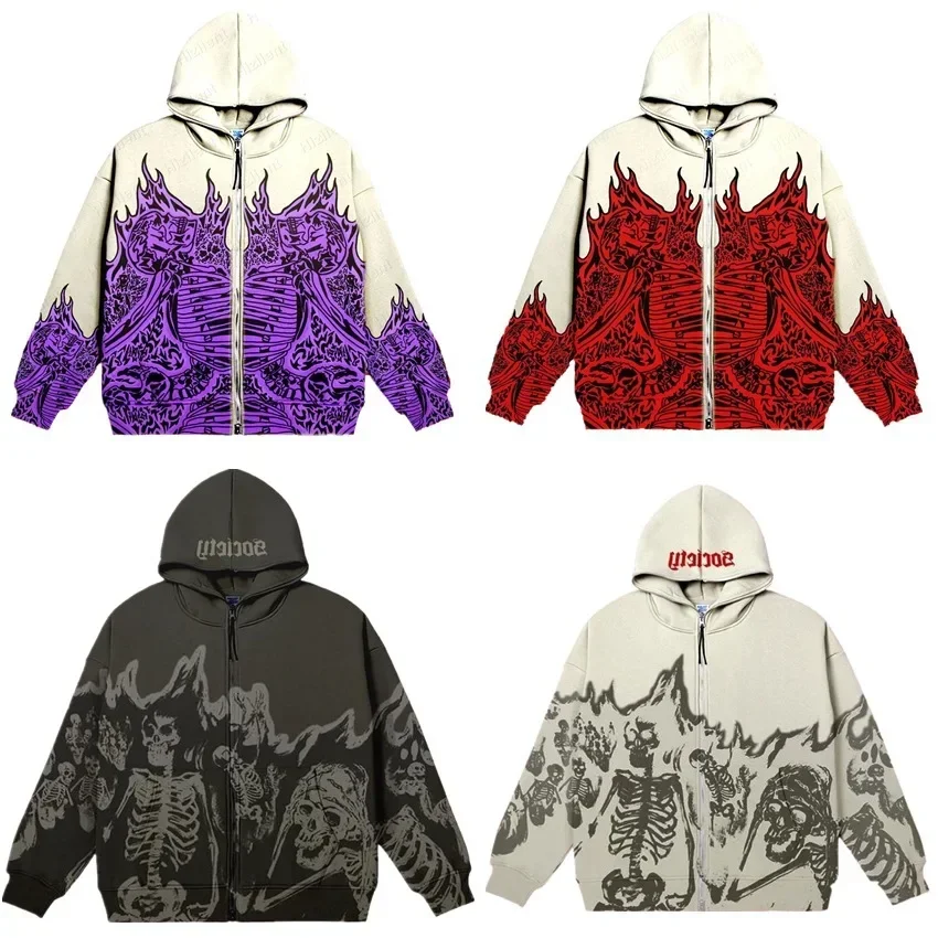 Hip Hop Cross Border Men's Street Apparel Retro Skull Hoodie Zip Hoodie Casual Sweatshirt Gothic Top Halloween Jacket