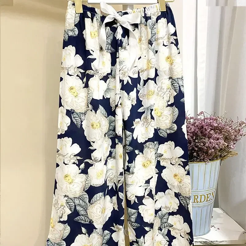 Women Sleep Pants Cotton Pajama Pants Print Loungewear Trouser Wide-legged Pants Sweatpants Casual Pajamas Beach Loose