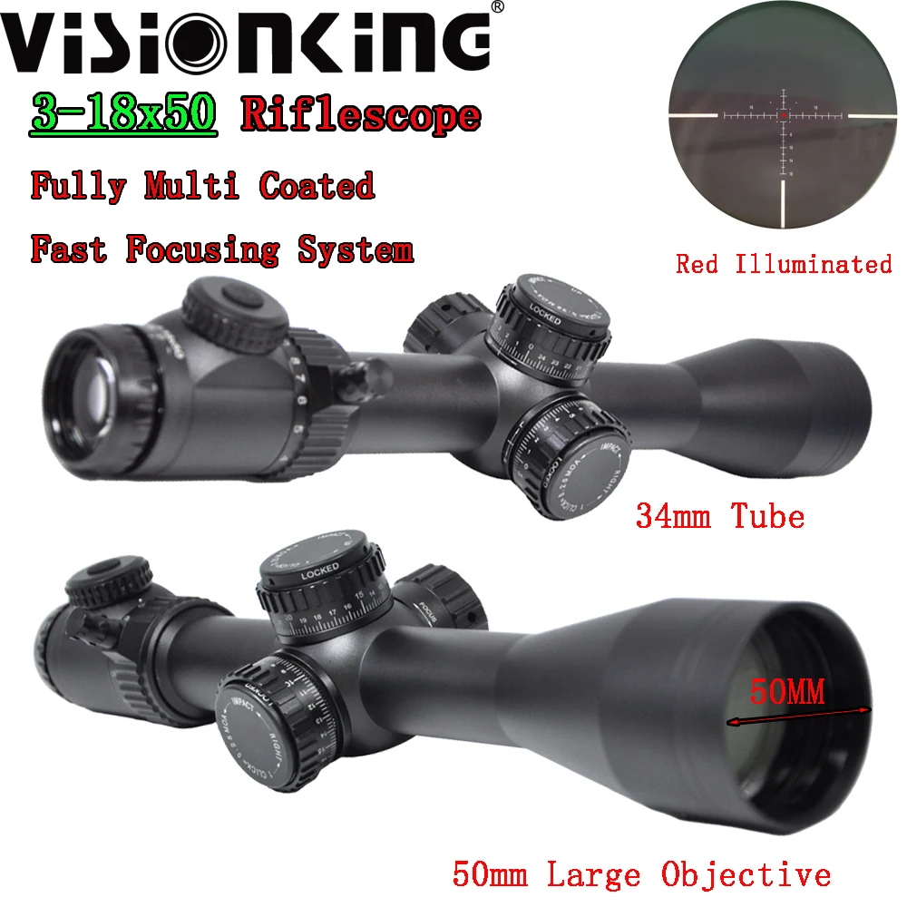 

Visionking 3-18x50 Hunting Tactical Optical Sight Airsoft Accessory Rifle Scope 34mm Tube Side Focus Turret Lock FMC Riflescope