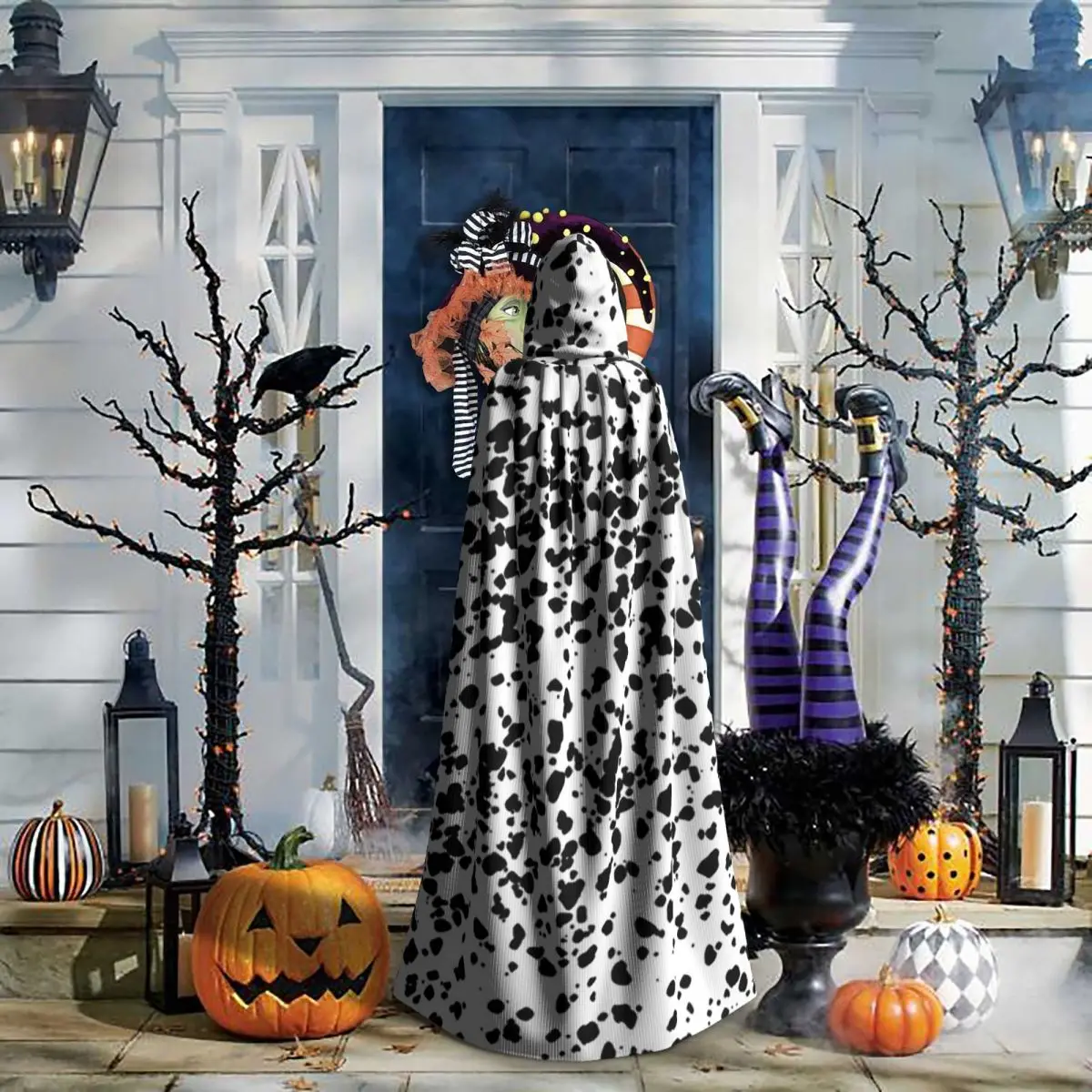 Capa longa com capuz com textura de cachorro dálmata, fantasia medieval de bruxa, capa cosplay, casaco de halloween adulto unissex