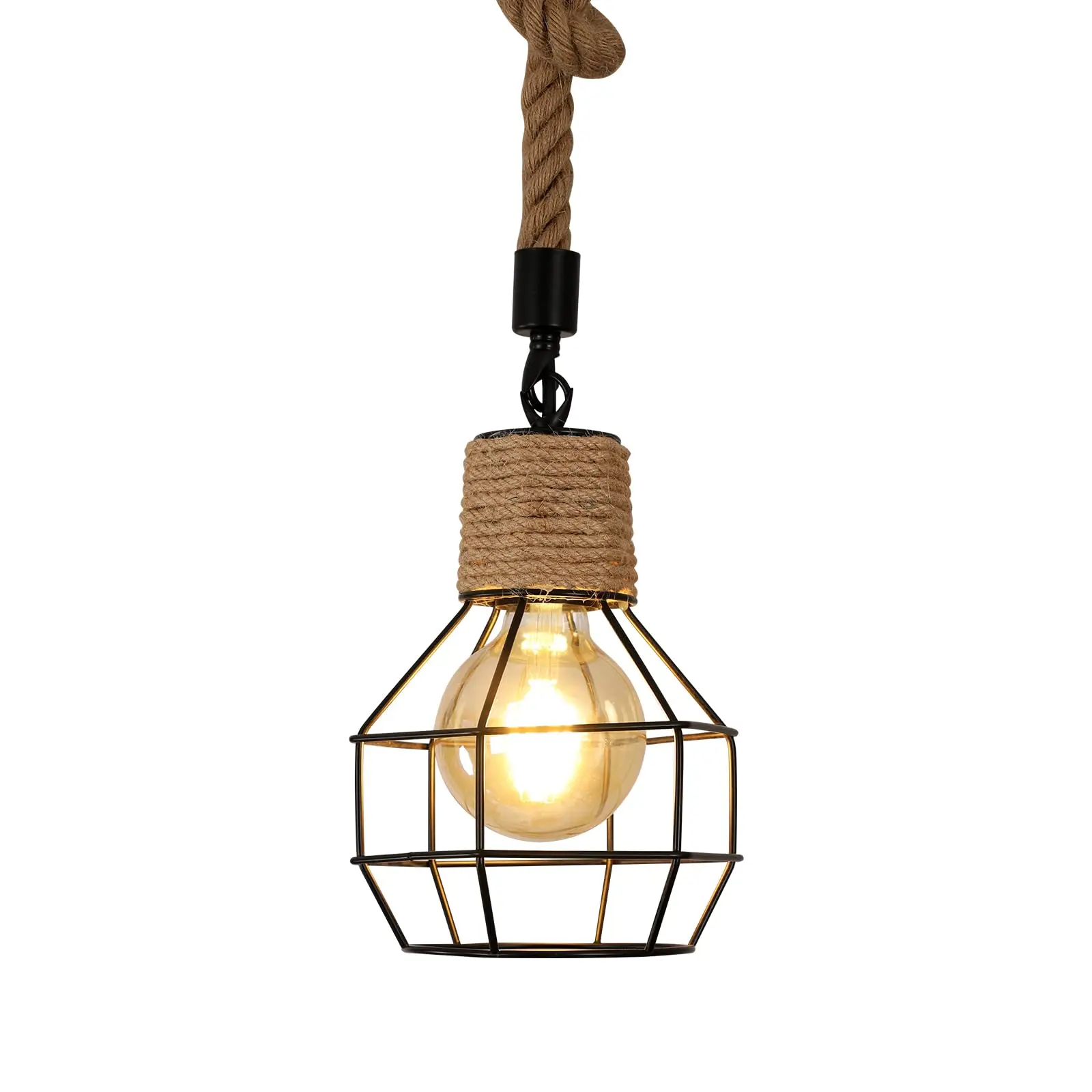 Vintage Wooden Pendant Light Hemp Rope Hanging Ceiling Lamp 3 Lights Adjustable Height Industrial Retro Pendant Light E27