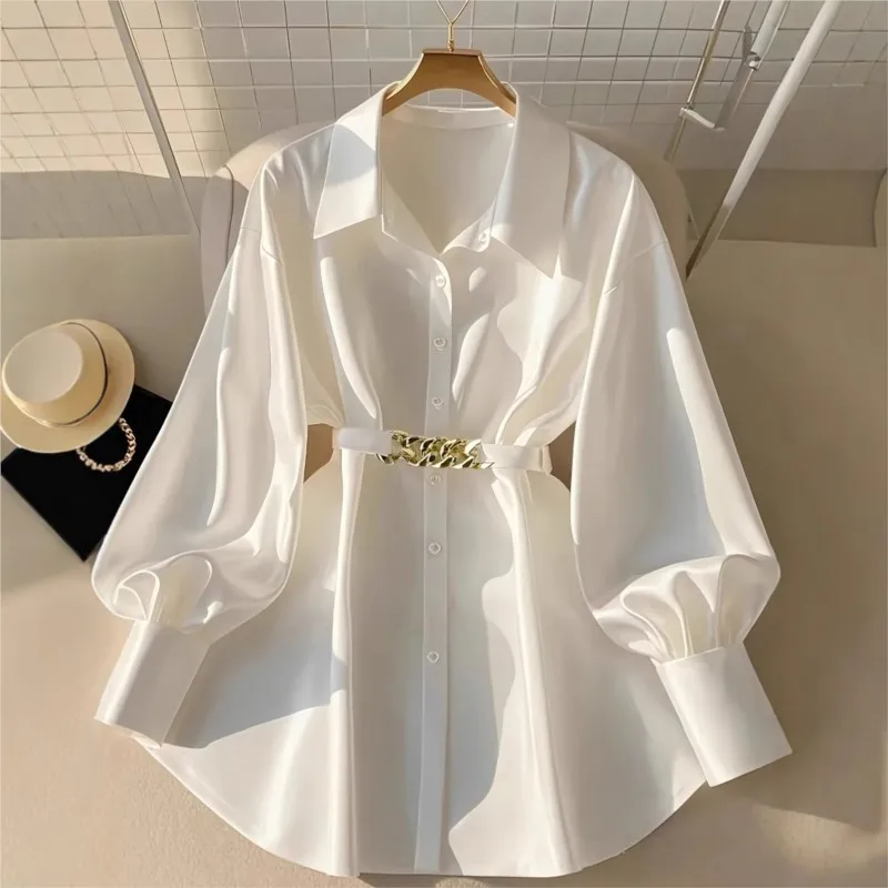 

Fashion Temperament Lady Shirt Tops 2026 New Lapel collar Long Sleeve Solid color Blouse with Belt for Women Clothing Office