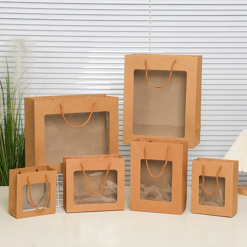 100Pcs/Lot PVC Window Kraft Paper Bag with Handles Festival Gift Bag Shopping Paper Bags Clothes Gifts Packing Bag