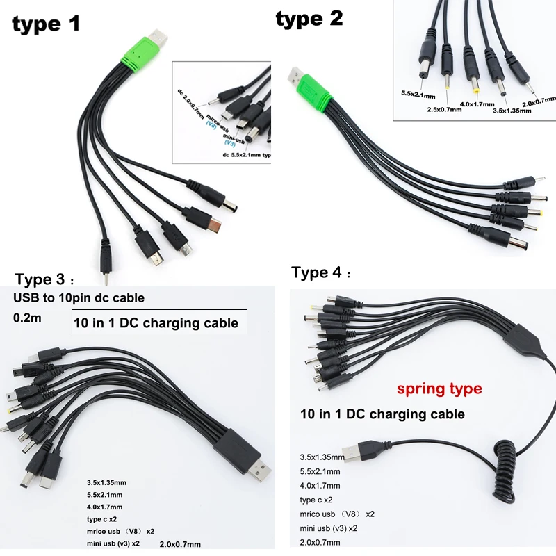 5 10 in 1 USB male 10 way type c mirco DC power charging  cable 5.5x2.1mm 2.5mm 4.0x1.7 3.5mm 2.0x0.7mm male 5P V3 V8 mini USB