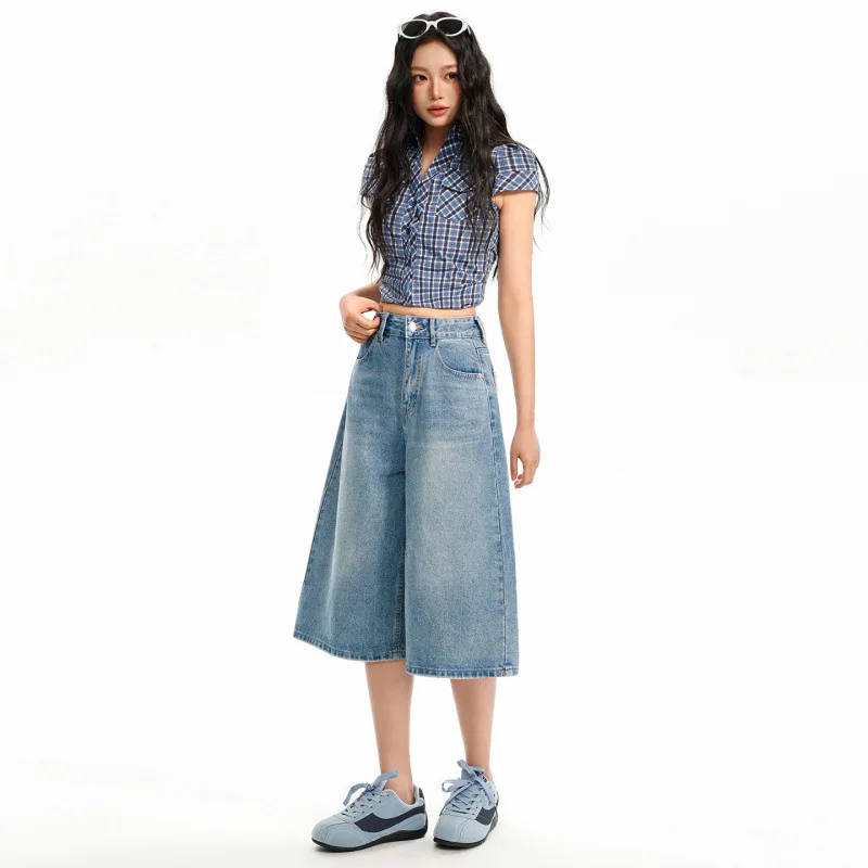 2026 Summer Thin Dark Blue Women High Waist Loose Straight Capri Jeans Slimming Versatile Casual Seven Length Denim Cropped Pant