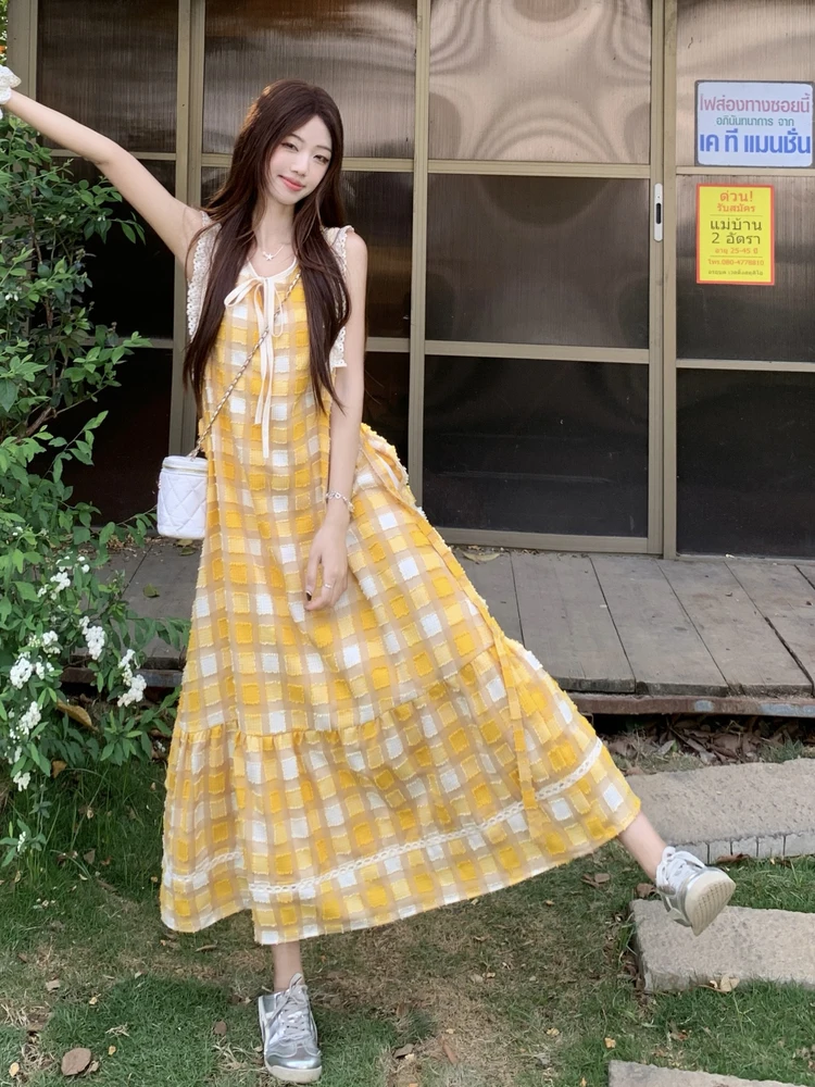 

plus Size Women's Gentle Yellow Plaid Lace Dress Summer New Waist Cinched A-Line Sleeveless Vest Dress Sweet School Style