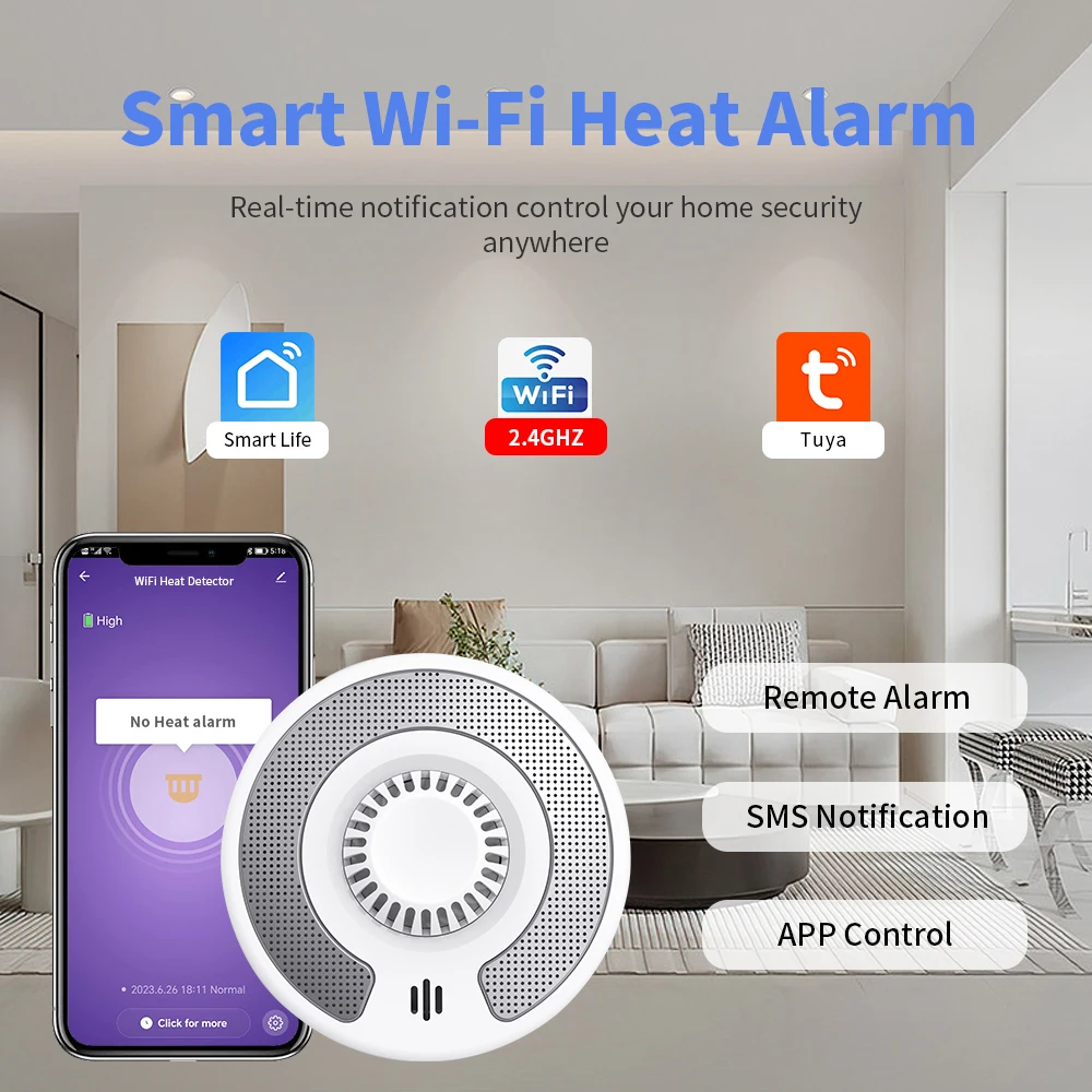 Wi-Fi Smart Heat Detector with Tuya App control, Tuya Smart Heat Alarm with Sealed 10-Year Li-Battery, BS 5446-2, VH03W, 2-Pack