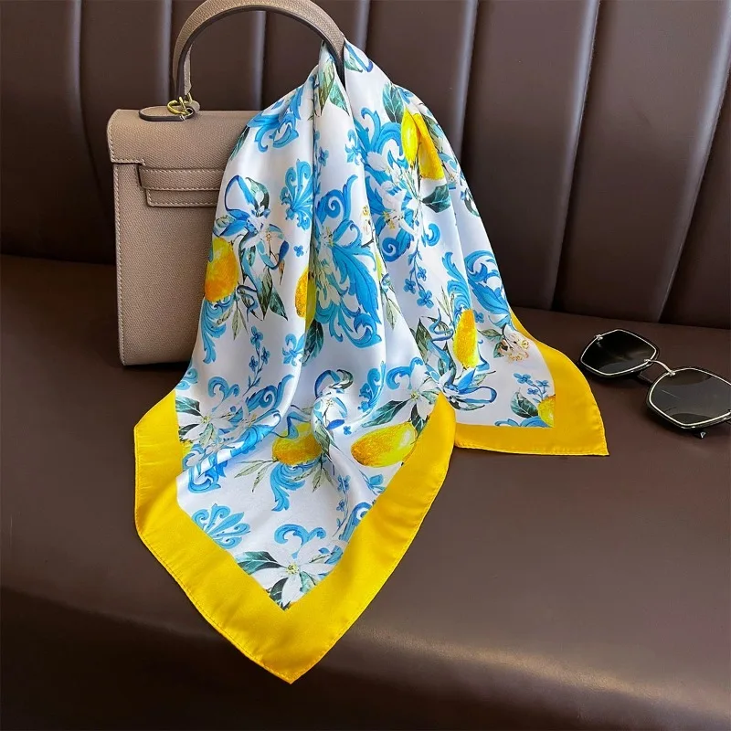 68cm Lemon Pattern Scarf New Spring Summer Emulation Silk Scarf Fresh and Versatile Clothing Bag and Shawl Headscarf