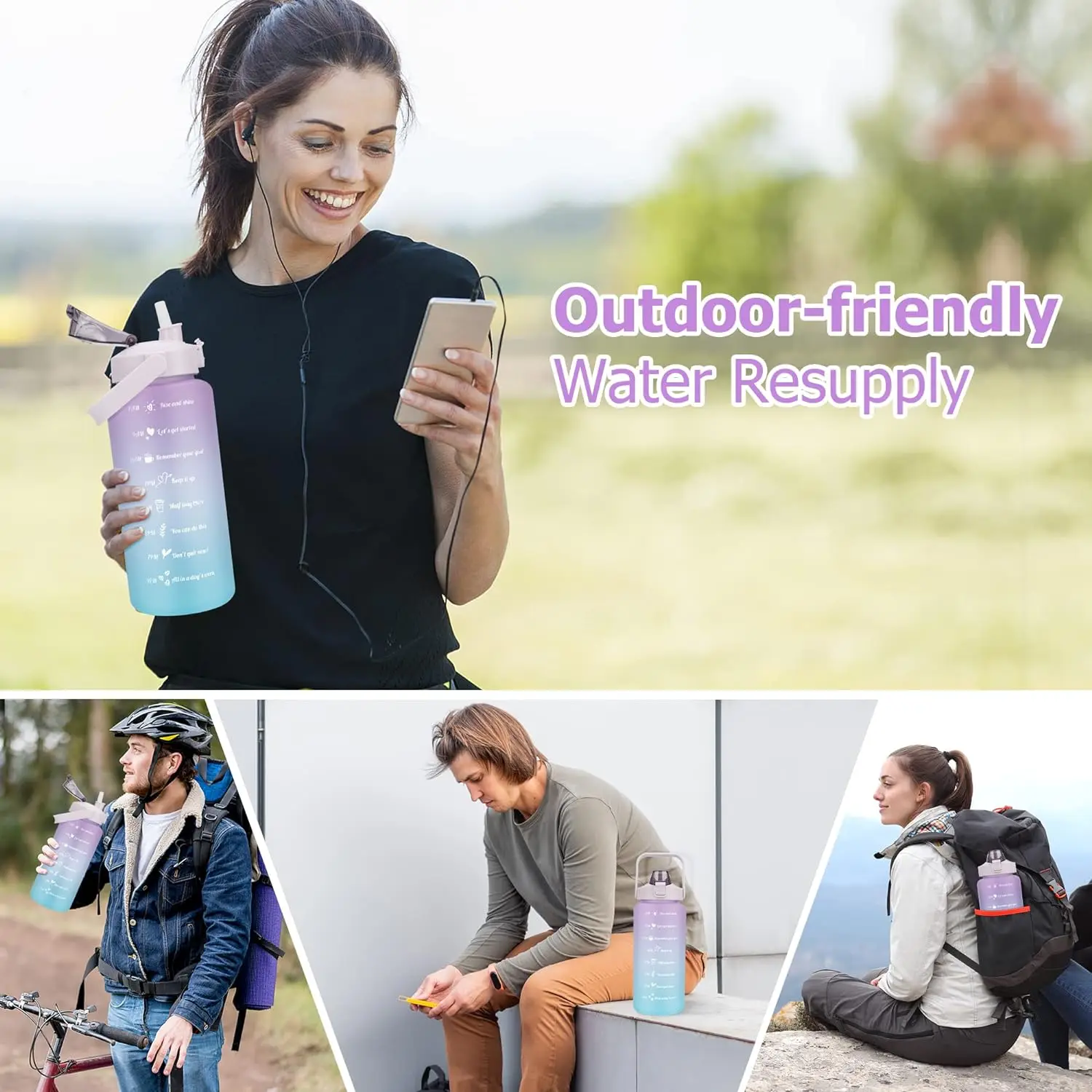 2L Wasserflasche mit Strohhalm, große Kapazität, Sportwasserflasche, Reise, Fitness, Sport, tragbare Trinkflaschen mit Zeitmarkierung – Detail 6