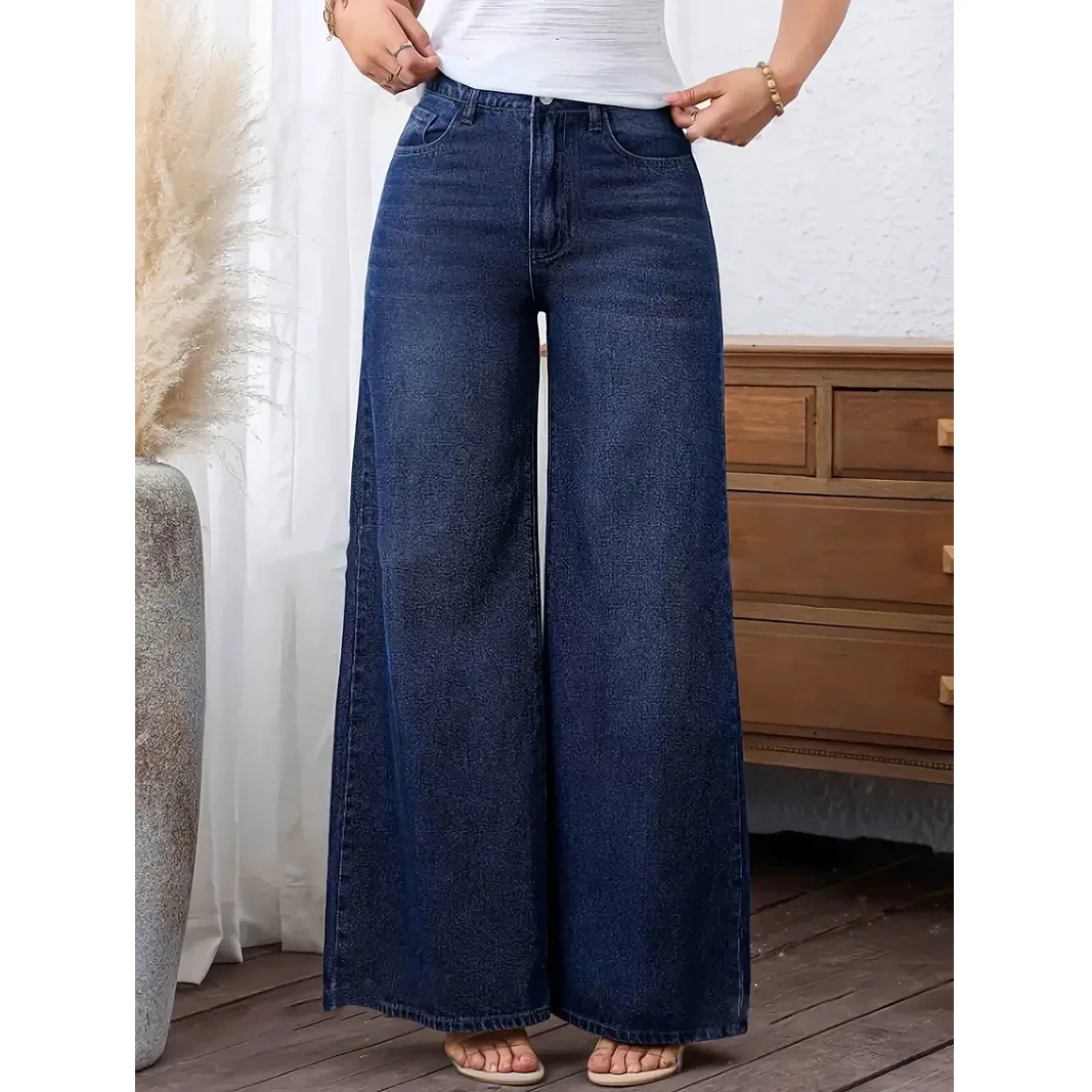 Women Wide Leg Pants Washed Streetwear Loose Pockets Denim Pant Solid Simple Trousers Distressed Jeans Straight Autumn Winter