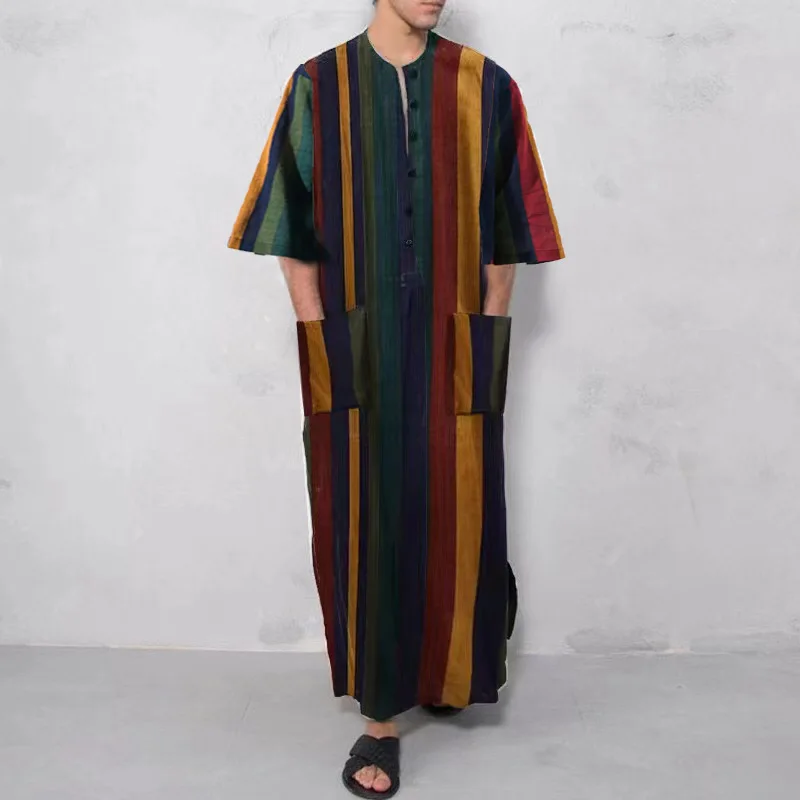 Fashion Muslim Men's Jubba Thobe  New Men's Loose Striped Stand-up Collar Door Tube Short-sleeved Robe Ethnic Style Casual  Robe
