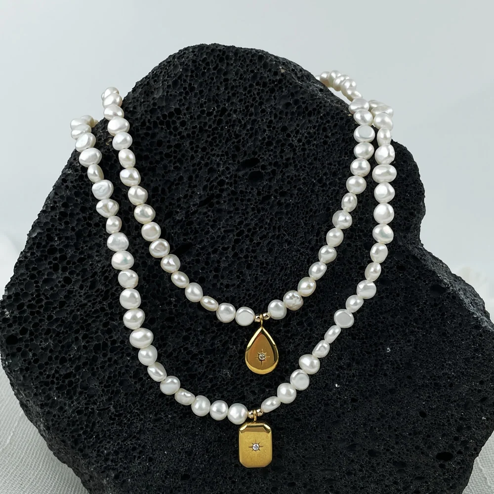 

Fashion Natural Freshwater Pearl Necklace for Women Steel Drop Square Star Charm Pendulum Irregular Baroque Pearl Choker Jewelry