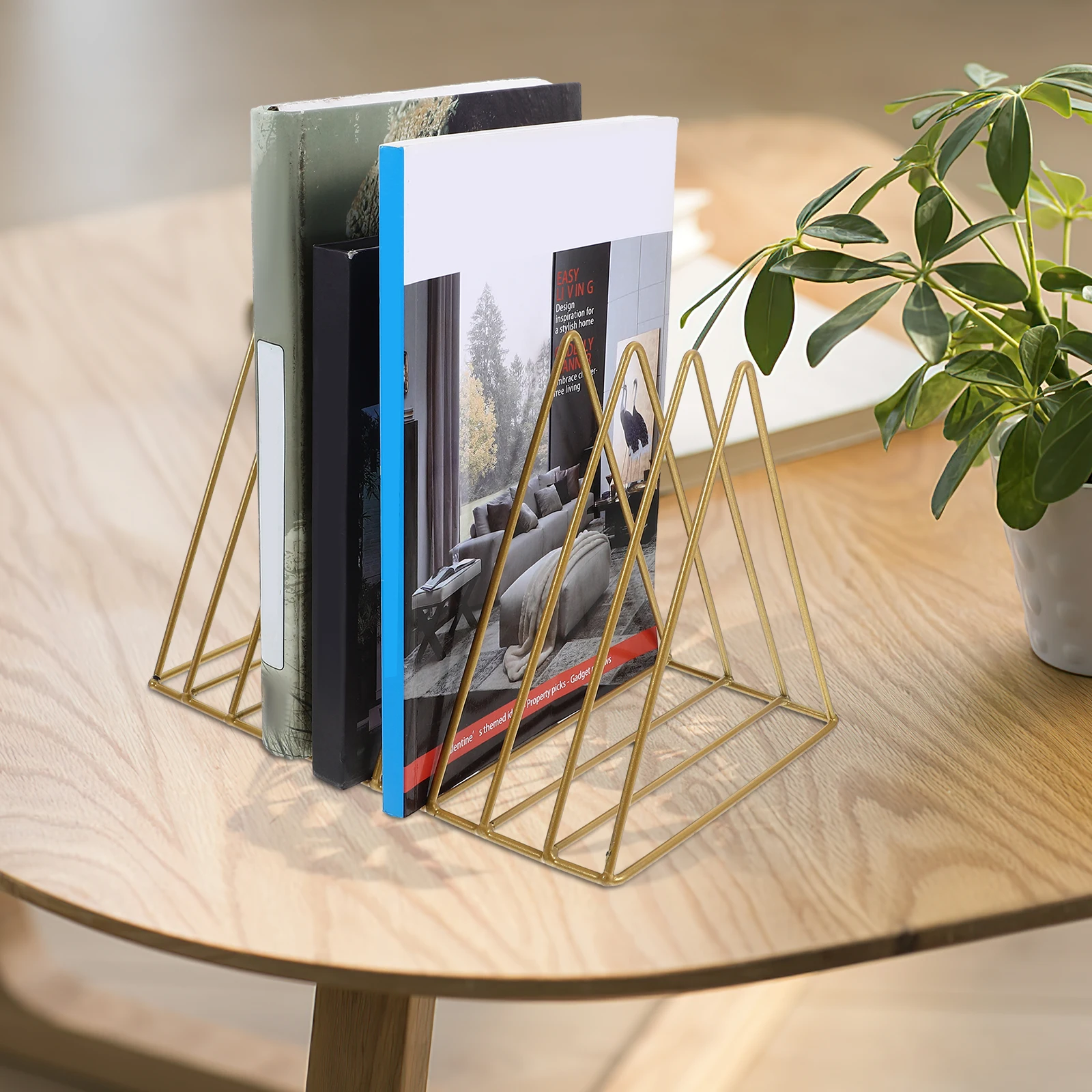 

Large Golden Iron Bookshelf Storage Rack Triangle Shape Desktop Organizer Book Stand Multi Function Office Use