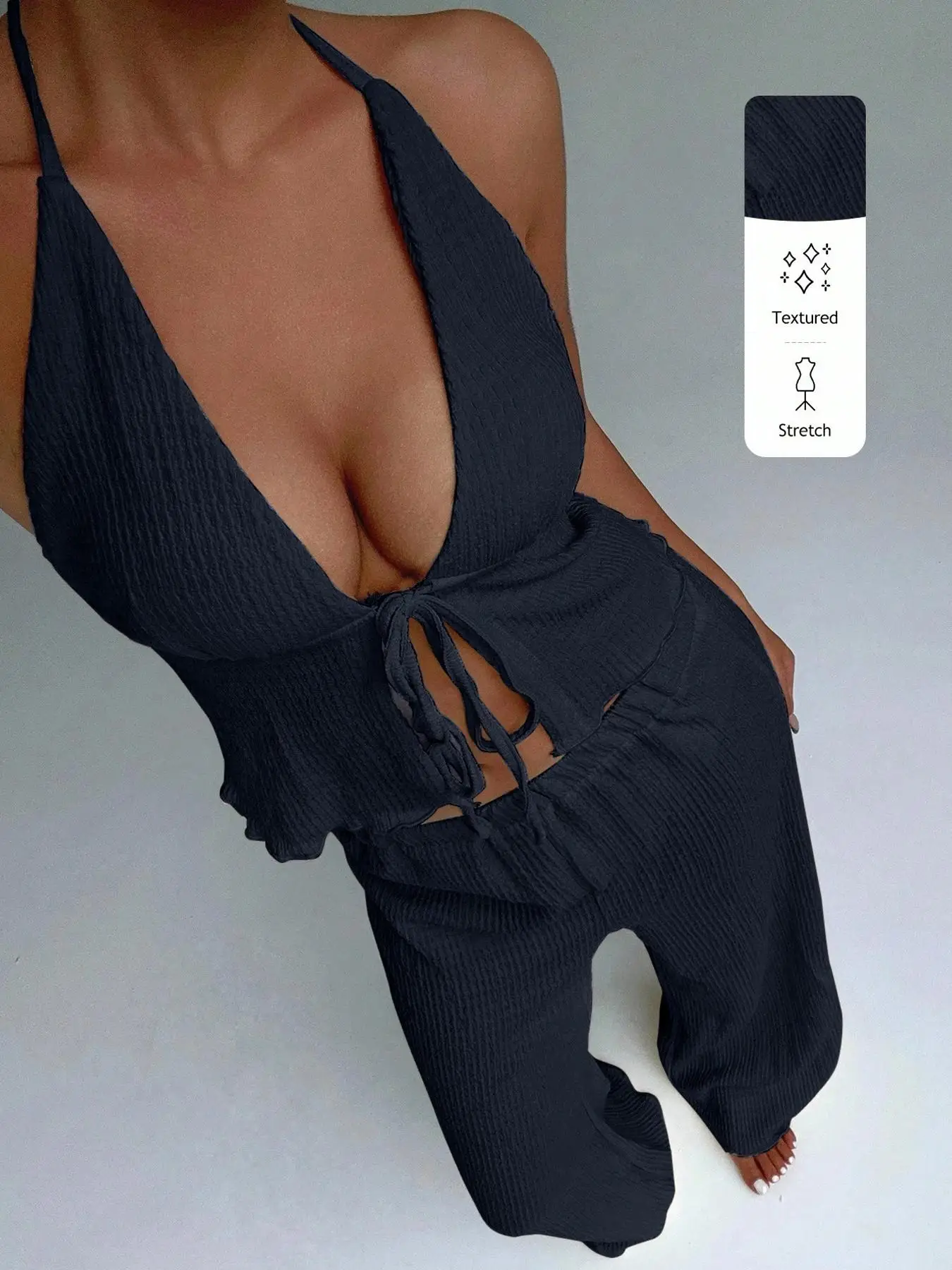Women's Textured Neckline Top And Wide Leg Pants Set Deep V-Neck Design Front Tie Detail Elastic Waist Design 2-Piece Outfit image 5
