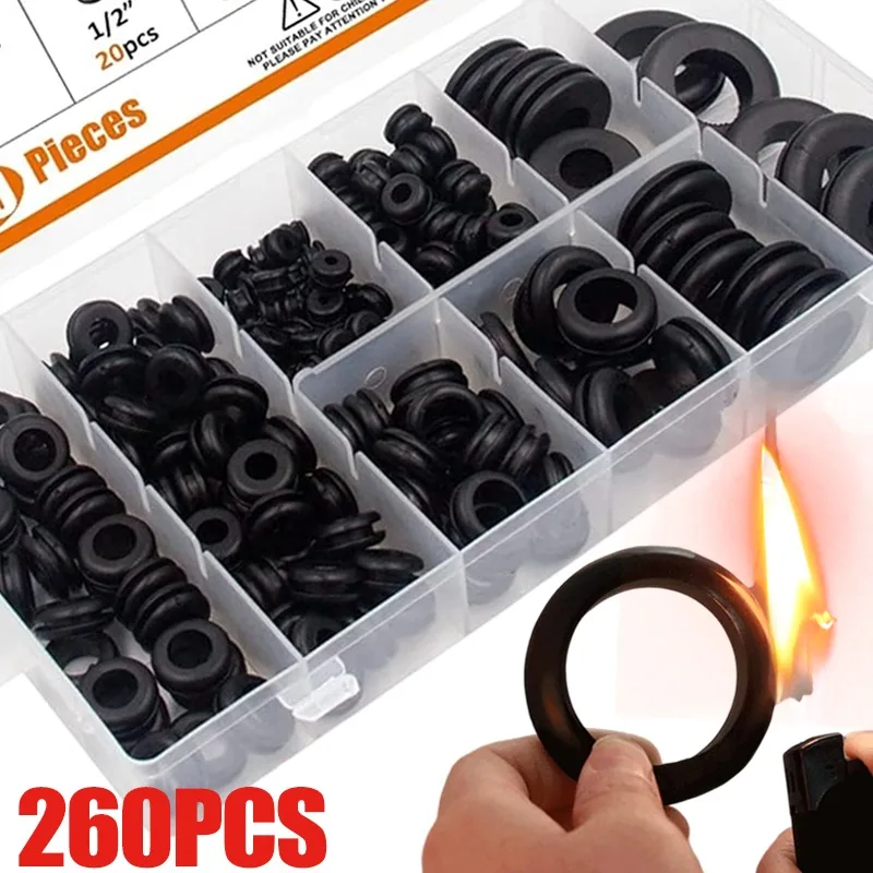 Kit surtido de ojales de goma, junta de Cable de cableado, juego de ojales de conductor eléctrico para tapones de cables, arandelas de juntas tóricas, 260/180 Uds.