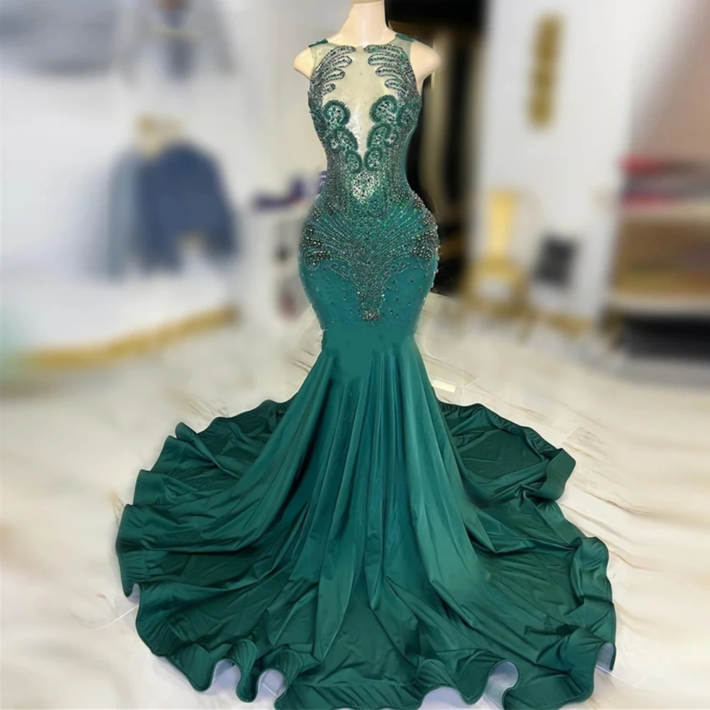 Peacock Green Mermaid Long Evening Dresses Women Sexy Prom Gowns Sleeveless Beades Applique Lace Party Dress Gala Celebrity Robe
