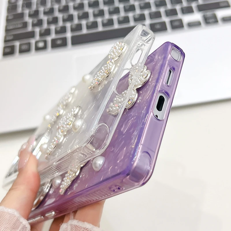 حافظة فاخرة على شكل فراشة لؤلؤية لامعة لهاتف سامسونج جالاكسي S25 Ultra S24 FE Plus S23 Ultra A16 A26 A36 A56 A15 A25 A35 A55 A54