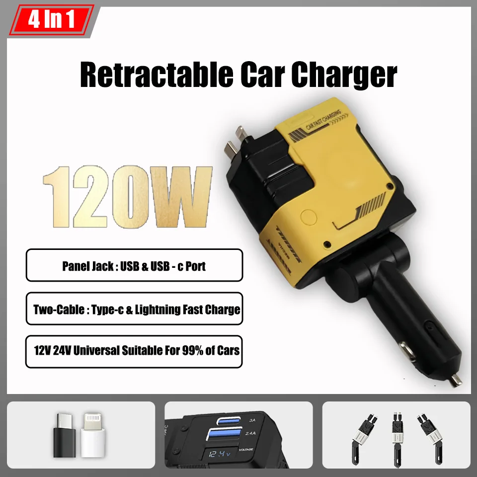 New Retractable 120 Watt Car Charger 4-Port Ultra Fast Charger, Type-c and Lightning Fast Charging for 99% of Charging Devices